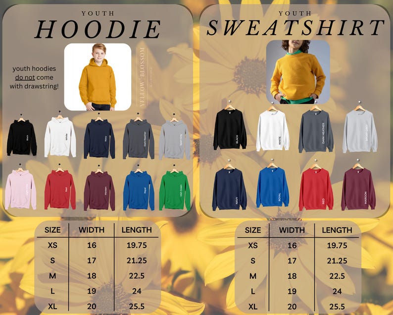 Peut inclure: Un tableau des tailles pour les sweats &agrave; capuche et les sweat-shirts pour enfants. Le tableau indique la taille, la largeur en pouces et la longueur en pouces pour chaque v&ecirc;tement. Le tableau comprend les tailles XS, S, M, L et XL.
