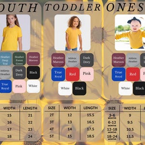 May include: Size chart for youth and toddler onesies. The chart shows sizes from S to XL for youth and 2T to 5T for toddler. The chart also shows the width and length of each size in inches.