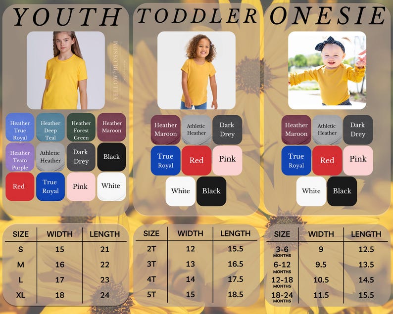 May include: Size chart for youth and toddler onesies. The chart shows sizes from S to XL for youth and 2T to 5T for toddler. The chart also shows the width and length of each size in inches.