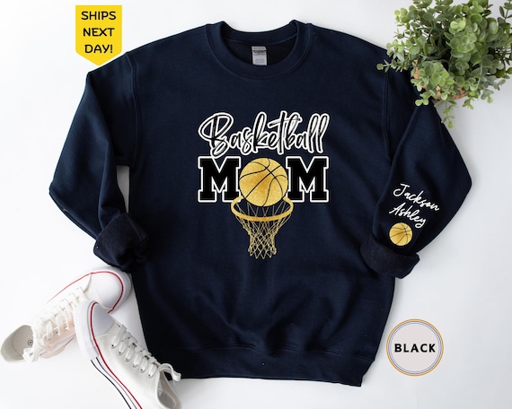 Custom Basketball Mom Sweatshirt, Game Day Sweatshirt, Mom Name on Sleeve Sweater, Personalized Basketball Hoodie, Sports Mom Gift, Mom Gift