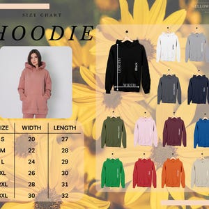 Peut inclure: Tableau des tailles pour les sweats &agrave; capuche de diff&eacute;rentes couleurs, notamment noir, vert, rose, rouge, orange et beige. Le tableau indique les mesures de largeur et de longueur en pouces pour les tailles S &agrave; 3XL.