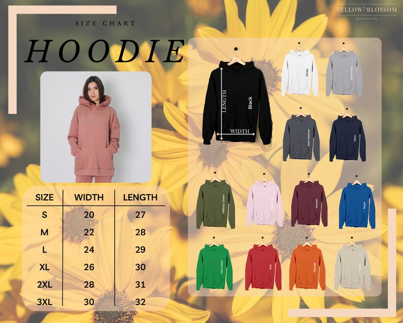 Peut inclure: Tableau des tailles pour les sweats &agrave; capuche de diff&eacute;rentes couleurs, notamment noir, vert, rose, rouge, orange et beige. Le tableau indique les mesures de largeur et de longueur en pouces pour les tailles S &agrave; 3XL.