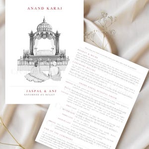 May include: A black and white illustration of a Sikh wedding ceremony, with the text "Anand Karaj" at the top. The illustration shows a couple sitting under a canopy, with the text "Jaspal & Ani" and "Saturday 01 August" below. The text "Baarat & Milni" and "Ceremony Begins" are also visible.