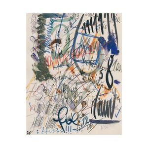 Puede incluir: Pintura abstracta de acuarela con una mezcla de tinta azul, verde, naranja y negra. La pintura presenta una variedad de líneas, formas y números, incluido el número 1111.