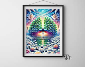Impressão de arte vintage de pavão elegante | Decoração de parede escura | Pôster de pássaro para impressão | Arte digital de parede antiga para download, Arte animal