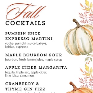 May include: A graphic with fall-themed cocktails. The graphic features a watercolor illustration of pumpkins and fall leaves. The text reads "Fall Cocktails" and lists four cocktails with their ingredients: Pumpkin Spice Espresso Martini, Maple Bourbon Sour, Apple Cider Margarita, and Cranberry & Thyme Gin Fizz.