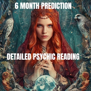 May include: An artistic illustration featuring a woman with red hair and a crystal ball. The image includes the text "6 Month Prediction" and "Detailed Psychic Reading". The background is a teal and brown color with decorative elements.