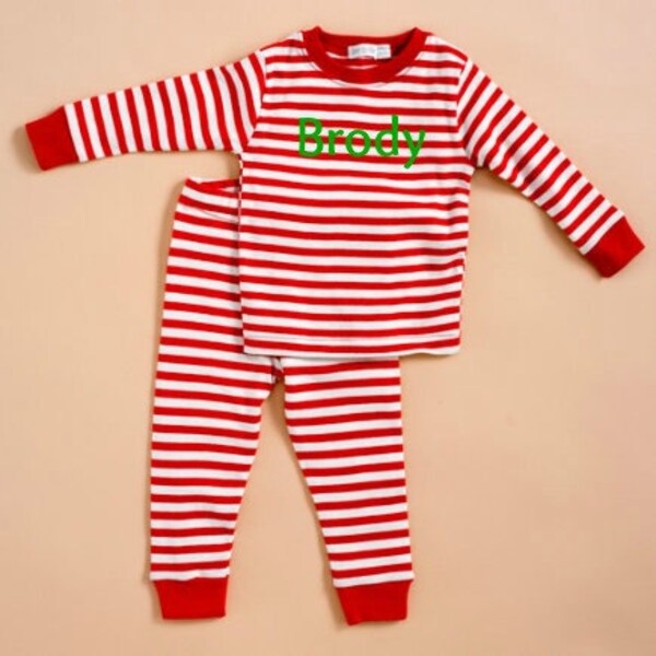 Personalized Christmas Pajamas- Red and white striped Christmas Pajamas Personalized Christmas Mornings PJS