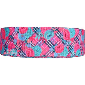 Floral Grosgrain Ribbon: 1.5&quot; Pink & Blue Plaid, 3 Yards