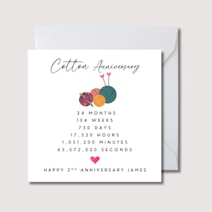 Tarjeta de segundo aniversario, tarjeta de aniversario para esposo, tarjeta de aniversario de algodón, tarjeta de segundo aniversario para esposa, tarjeta para novio, tarjeta para novia, WW0164