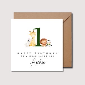 Tarjeta de cumpleaños para hijo, tarjeta de cumpleaños para un año, primer cumpleaños para hijo, tarjeta de cumpleaños para hijo, primer cumpleaños de niño, tarjeta de cumpleaños de safari, WW0027