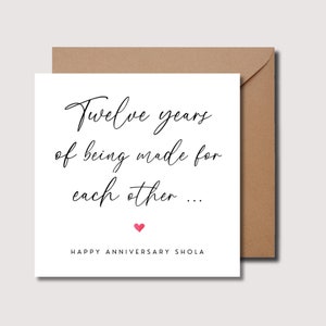 12e verjaardagskaart, twaalf jaar jubileumkaart, gepersonaliseerde jubileumkaart, huwelijksverjaardag, jubileumkaart voor haar, WO0235