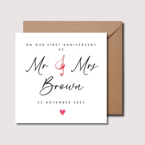 Eerste huwelijksverjaardagskaart, eerste jaar als heer en mevrouw, gepersonaliseerde jubileumkaart, kaart voor hem, verjaardagskaart voor haar, WO0242