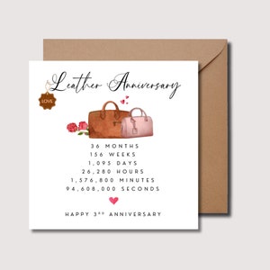 Tarjeta del tercer aniversario, tarjeta de aniversario del esposo, tarjeta de aniversario de cuero, tarjeta del tercer aniversario de la esposa, tarjeta del novio, tarjeta de la novia, WW0346