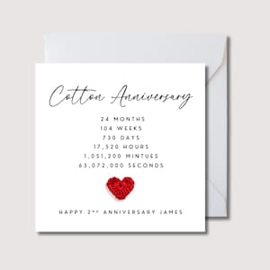 Tarjeta de segundo aniversario, tarjeta de aniversario de algodón con corazón de crochet, tarjeta de aniversario de esposo, tarjeta de aniversario de algodón, tarjeta de segundo aniversario de esposa, WW0775