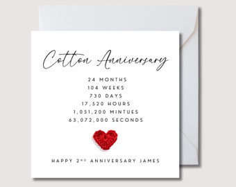 Biglietto per il 2° anniversario, biglietto per l'anniversario del marito in cotone con cuore all'uncinetto, biglietto per l'anniversario del marito in cotone, biglietto per il 2° anniversario della moglie, WW0775