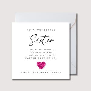 Verjaardagskaart zus, gehaakte roze hartkaart, sentimentele verjaardagskaart zus, verjaardagscadeau voor zus, verjaardagscadeau zus, WO0795