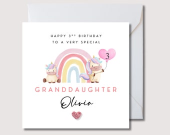 Personalised Granddaughter Birthday Card with Pale Pink Crochet Heart | Rainbow Unicorn Design | WW0778