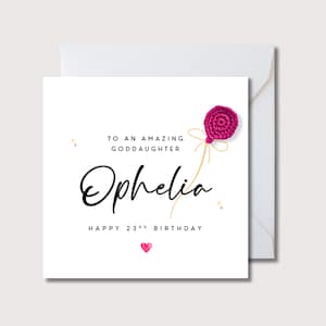 Tarjeta de cumpleaños para ahijada, tarjeta de cumpleaños personalizada para esposa, tarjeta de cumpleaños con globo rosa de crochet, tarjeta de cumpleaños para hija, tarjeta para novia 3249