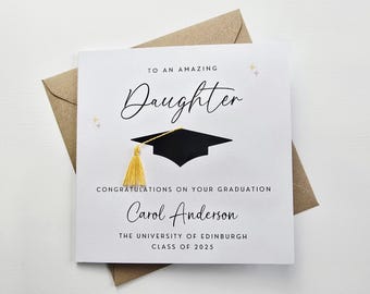 May include: A graduation card with a black mortarboard and gold tassel, with the words "To an Amazing Daughter" in elegant script. The card includes the graduate's name, university, and class year, set against a white background.