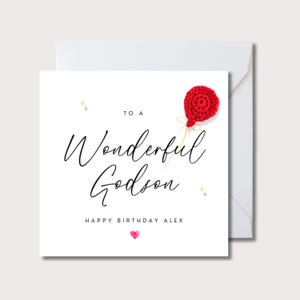 Personalisierte Patenkind Geburtstagskarte, spezielle Patenkind Geburtstagskarte, wundervolle Patenkind Geburtstagskarte mit lebendigem rotem Häkelballon, WW1199