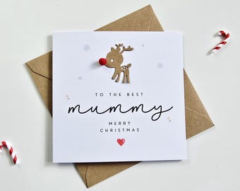 Tarjeta navideña de momia hecha a mano con reno y pompón (WL096)