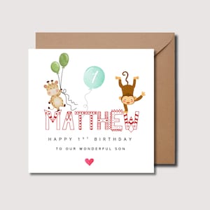 Son birthday card, age 1 birthday card, son 1st birthday, name birthday card for son, boy 1st birthday, jungle safari birthday card, WW00153