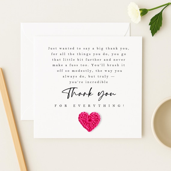Thank You Card – Handmade Crochet Heart Card – Pink Heart Thank