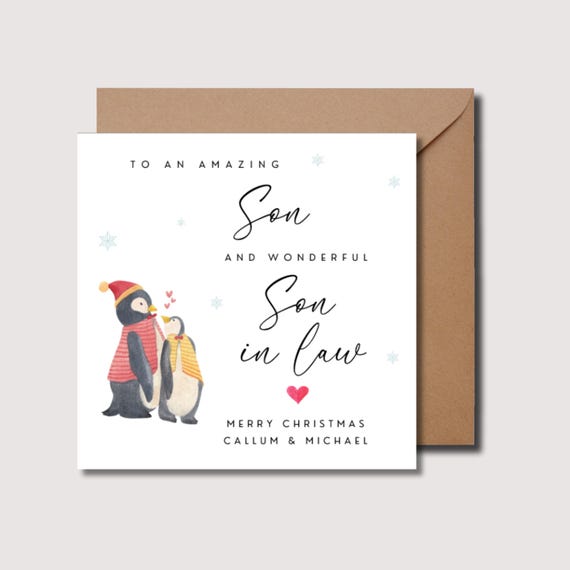 Weihnachtskarte Für Sohn & Schwiegertochter – Niedliche Pinguine, 23 X 15 Cm, Mit Umschlag
