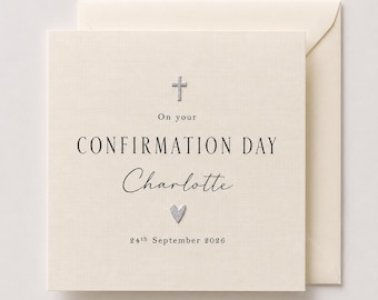 Carte de confirmation personnalisée | Lin ivoire, croix métalliques et coeurs | WW39845