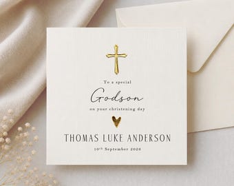 Personalised Godson Christening Card | Handmade Gold or Silver Cross | Ivory Linen Card
