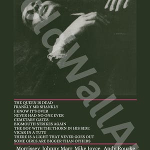 May include: A dark green album cover for The Smiths' "The Queen Is Dead" featuring a black and white image of a person. The album title and band name are in pink. Song titles, band members, and the album's runtime are listed.