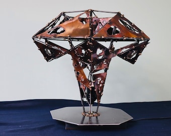 Brutalist abstract bronze welded lamp with torch cut copper accents