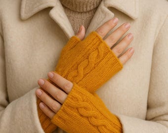 Hand Knitted Cable Knit Fingerless Gloves: Acrylic Arm Warmers
