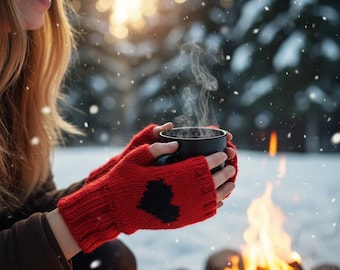 Red Knit Gloves with Heart Embroidery Red Wrist Warmers