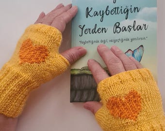 Hand Knitted  Fingerless Heart Gloves