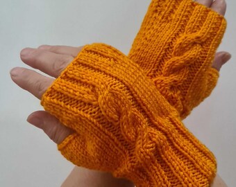 Handcrafted Yellow Cable Knit Fingerless Gloves: Acrylic Mittens