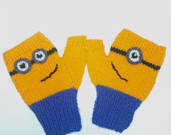Minion Kids Fingerless Gloves, Yellow Blue Child Mittens, Cartoon Winter Gift