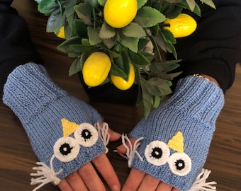 Knitted Owl Fingerless Gloves, Owl Themed Mittens for All Size