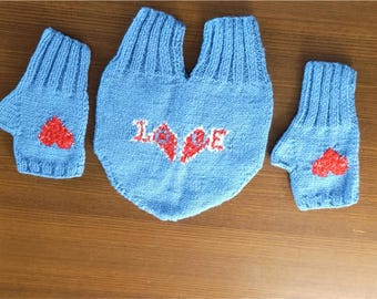 Blue Couple Mittens, Hand Knitted Shared Gloves, LOVE Heart Fingerless Set, Romantic Anniversary Gift