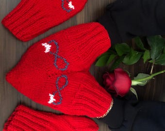Hand-Knitted Red Sweetheart Mitten Set | Matching Couple Mittens