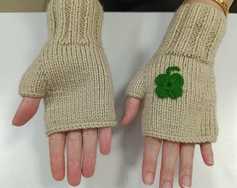 Handmade Knit Fingerless Gloves: Lucky Clover Arm Warmers