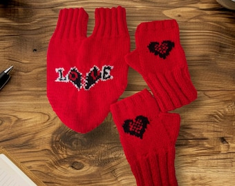 Handmade Couples Mittens Set: Red Heart Knit Gloves, Valentine's Gift
