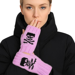 Lilac Halloween Fingerless Gloves: Knitted Skull Mittens