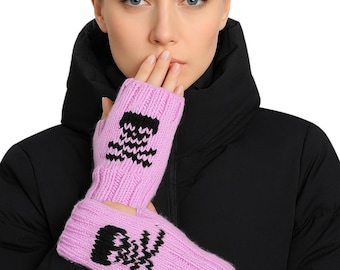 Lilac Halloween Fingerless Gloves: Knitted Skull Mittens