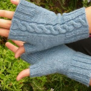 Handmade Cable Knit Fingerless Gloves: Blue Acrylic Arm Warmers