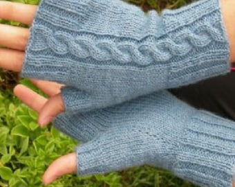 Handmade Cable Knit Fingerless Gloves: Blue Acrylic Arm Warmers