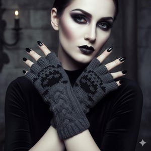 Skull Fingerless Gloves: Crochet Gothic Mittens, Halloween Costume