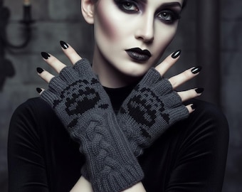 Skull Fingerless Gloves: Crochet Gothic Mittens, Halloween Costume