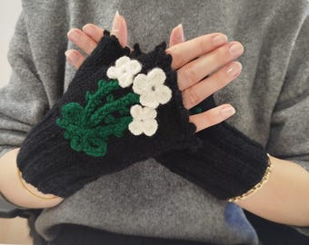 Black Embroidered Fingerless  Gloves for Women, Knitted Mittens with Embroidery